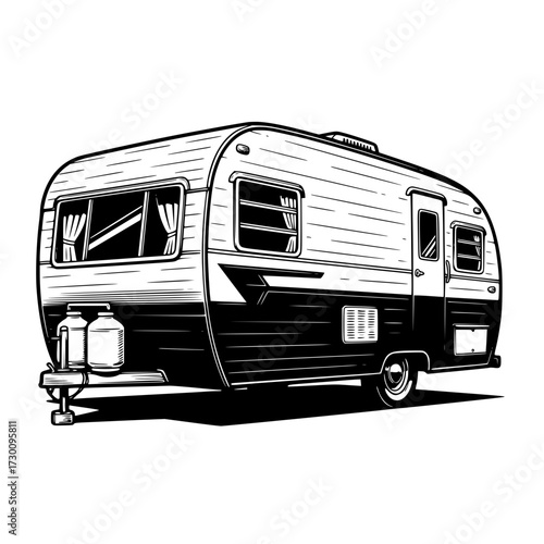 Vector art of vintage travel trailer illustration, featuring a classic design, evoking a sense of adventure, freedom, and nostalgia for road trips and camping