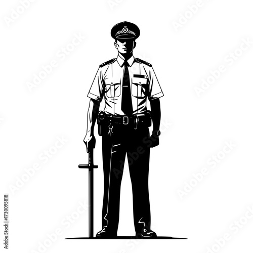 Vector art of a stoic police officer stands guard, embodying authority and protection, representing law enforcement and community safety, ensuring order and security