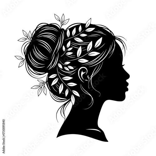Vector art of silhouette of a woman with floral hair, showcasing a serene profile adorned with delicate leaves, embodying natures beauty and feminine grace