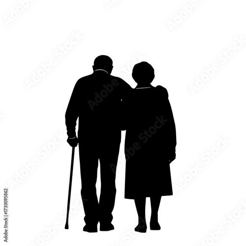 Vector art of silhouette of an elderly couple walking together, the man using a cane for support, this image evokes themes of aging, companionship, and support