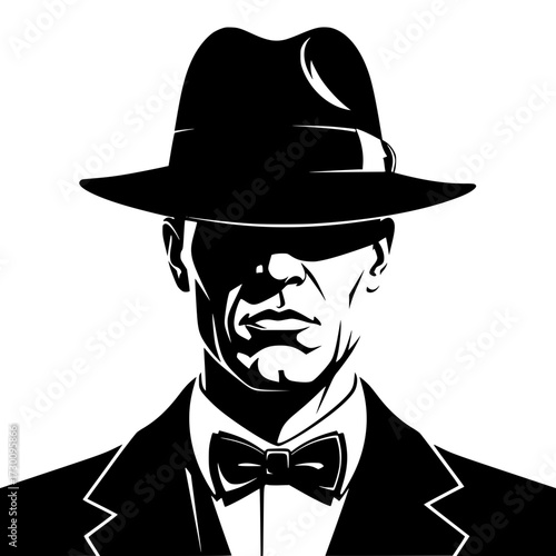 Vector art of a mysterious man in a fedora and bow tie, exuding an air of intrigue and sophistication, with his face partially obscured by the shadow of his hat