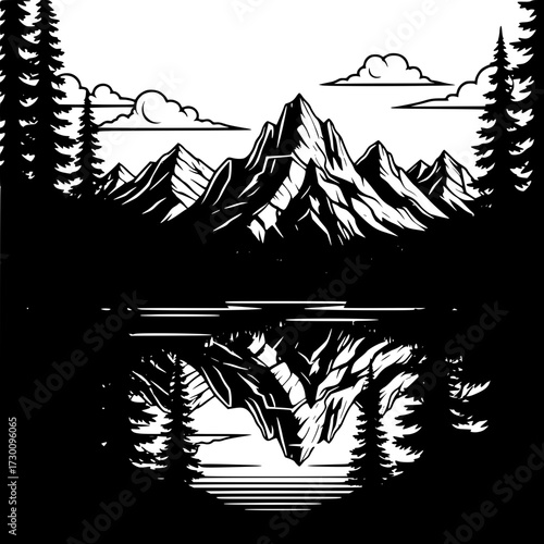 Vector art of serene mountain landscape reflecting in a tranquil lake, , capturing the beauty of nature and the harmony between the mountains and water