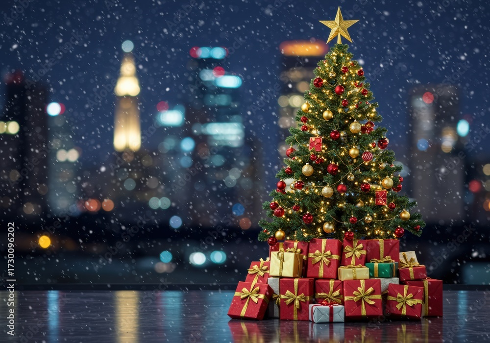 Obraz premium Christmas tree with gifts and city lights at night