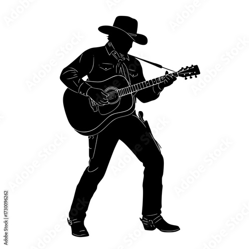 Vector art of silhouette of a cowboy playing guitar, capturing the essence of country music and the iconic image of a musician in the wild west