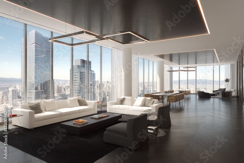 Modern, spacious penthouse living area with expansive city views and sophisticated design.