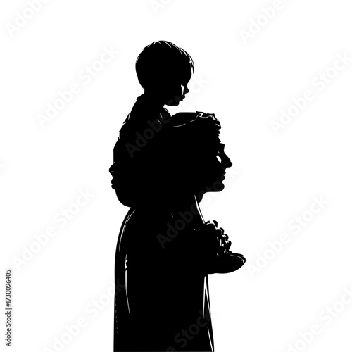 Vector art of a heartwarming silhouette of a parent carrying their child on their shoulders, symbolizing love, support, and the beautiful bond between family members