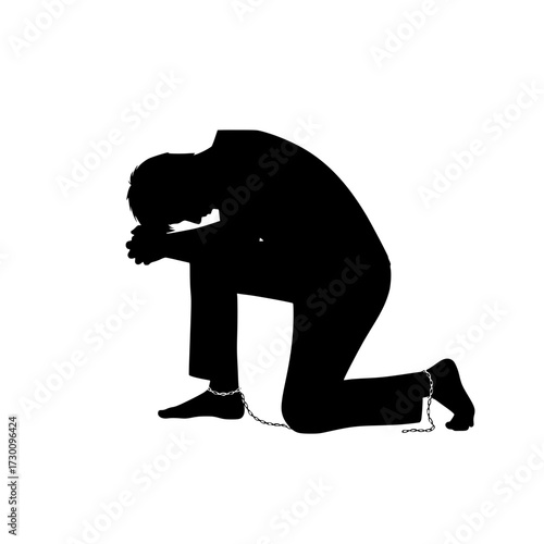 Vector art of a poignant silhouette of a person kneeling with hands clasped, symbolizing prayer, reflection, or surrender, conveying a sense of humility and introspection