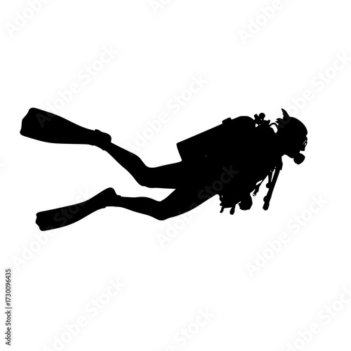 Vector art of silhouette of a scuba diver swimming underwater, the diver is equipped with fins, a mask, and an oxygen tank, suggesting an adventurous underwater exploration