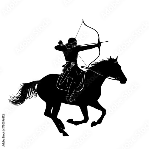 Vector art of a dynamic black silhouette of a horse archer in full draw, , capturing the essence of skill, precision, and the ancient art of mounted archery