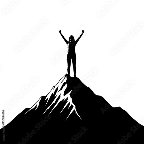 Vector art of silhouette of a triumphant woman standing atop a mountain peak, arms raised in victory, symbolizing achievement, resilience, and conquering challenges