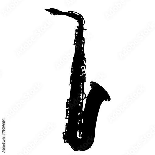 Vector art of a sleek black saxophone, a symbol of jazz and musical expression, stands out against an, its curves and keys promising a soulful melody