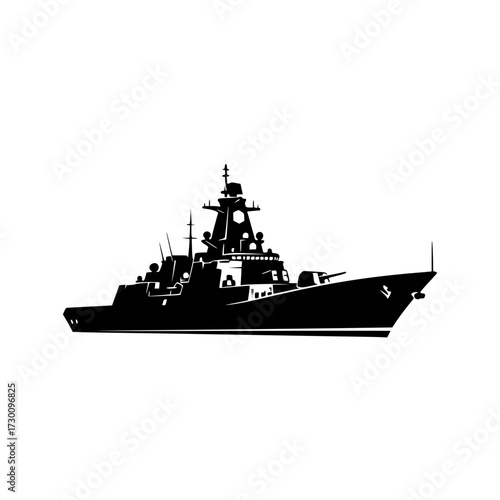 Vector art of silhouette of a modern warship, showcasing its sleek design, advanced weaponry, and powerful presence on the open sea, symbolizing naval strength