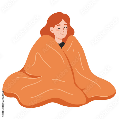 Snuggled Red-haired woman with closed eyes, enveloped in a soft, orange blanket