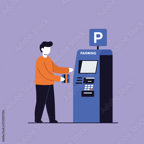 Man inserting credit card into parking payment kiosk with "P" sign