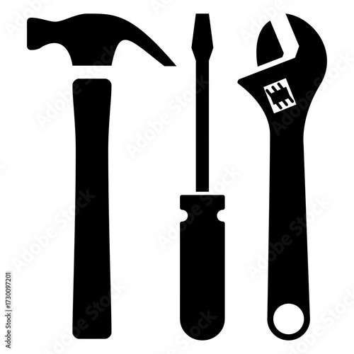 Logo men at work. Icono silueta de llave inglesa, martillo y destornillador 