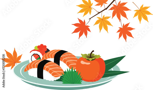 Sushi and persimmon with maple leaves isolated on white background