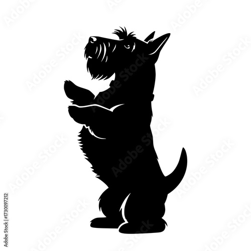 Vector art of a black scottish terrier silhouette, standing upright, embodying loyalty, courage, and charm, representing the breeds distinctive appearance and personality