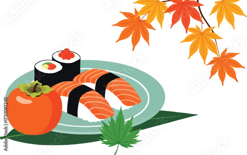 Sushi and persimmon with maple leaves isolated on white background