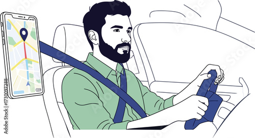 Man driving car with navigation app isolated on white background
