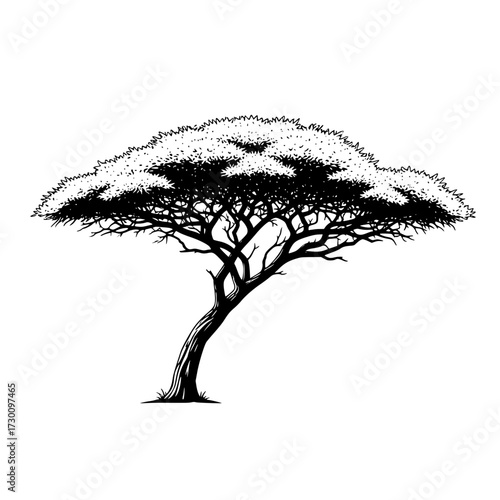 Vector art of a solitary acacia tree, , stands gracefully with its distinctive umbrellashaped canopy, its branches reaching out like welcoming arms in the vast savanna