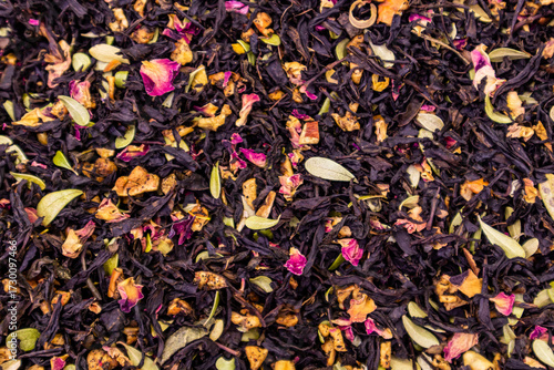 A mix of herbal and flower teas for a healthy lifestyle. Colorful background of dry flower tea. selective focus. antioxidant.