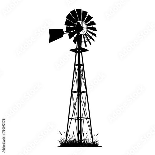 Vector art of a vintage windmill, , stands tall against the horizon, its blades poised to capture the winds energy, a symbol of rural life and sustainable power