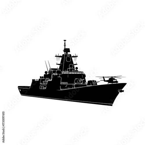 Vector art of silhouette of a warship, featuring its formidable structure, radar, and helicopter, representing naval power and maritime defense capabilities