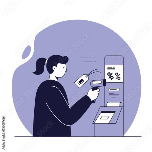 Woman scanning tag with handheld scanner at discount kiosk on lilac background