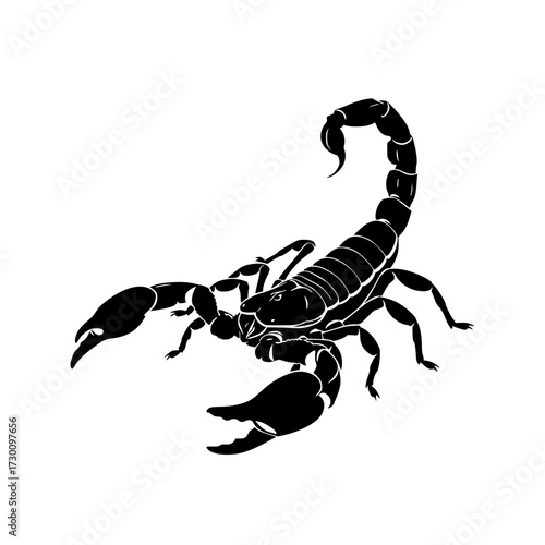Vector art of a striking black scorpion, showcasing its formidable claws and segmented tail, a symbol of resilience and power in the animal kingdom, captured in detail