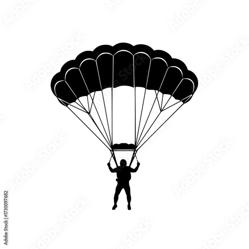Vector art of a skydiver gracefully descending with a parachute, , capturing the thrill and freedom of aerial sports, highlighting the equipment and the human silhouette