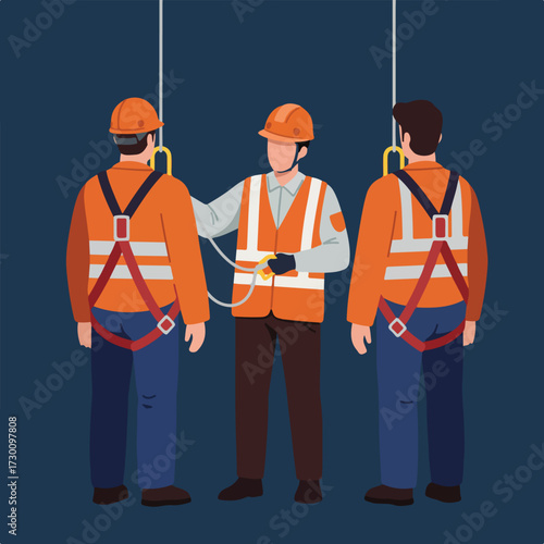 Workers connect safety gear with dark backdrop; one facing, two backs