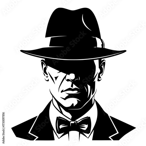 Vector art of a mysterious man in a fedora and bow tie casts a shadow over his face, creating an aura of intrigue and secrecy, , reminiscent of film noir