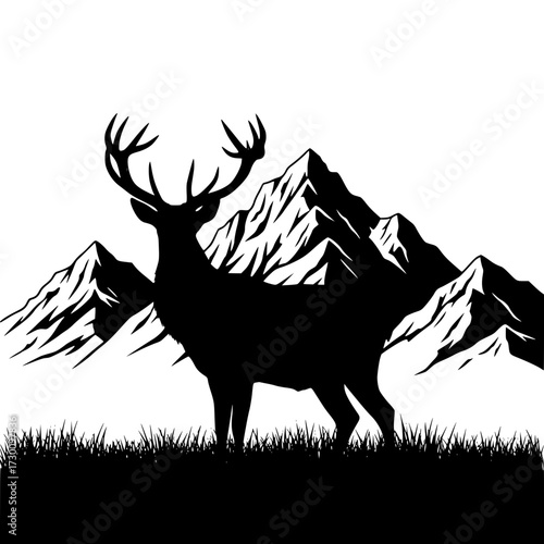 Vector art of a majestic stag stands proudly against a backdrop of towering mountains, creating a striking silhouette against the sky, , symbolizing wilderness