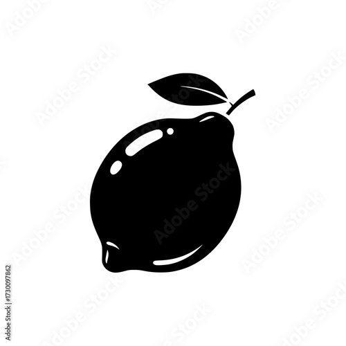 Vector art of silhouette of a lemon with a leaf, showcasing its simple yet elegant form, perfect for representing freshness and natural flavors