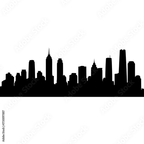 Vector art of urban skyline silhouette, a cityscape of towering buildings against the horizon, embodying progress and ambition in a timeless monochrome design, a symbol of modernity