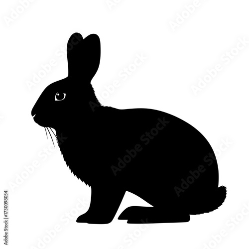 Vector art of silhouette of a black rabbit, showcasing its long ears, whiskers, and compact body, a simple yet striking representation of this common mammal