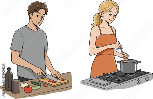 Man chopping vegetables, woman cooking, culinary teamwork, orange dress, gray shirt, casual attire, stove, cutting board
