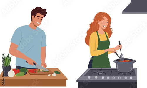 Man chopping vegetables, woman cooking stew, kitchen activity, green apron, casual clothing, teamwork, culinary skills, stove