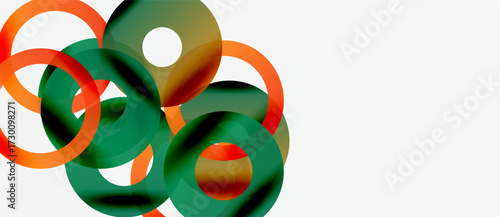 Abstract design features overlapping circles, vibrant orange, deep green hues. Modern composition creates dynamic visual impact.