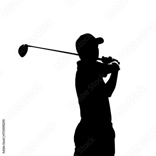 Vector art of a silhouette of a golfer swinging a club, the figure is captured in midswing, showcasing the athleticism and precision of the sport