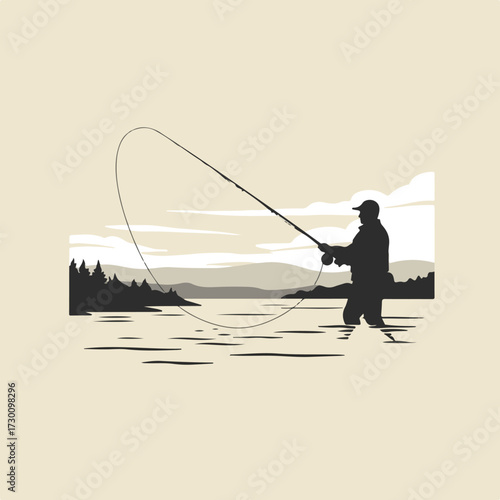 Silhouette of a fisherman casting in lake