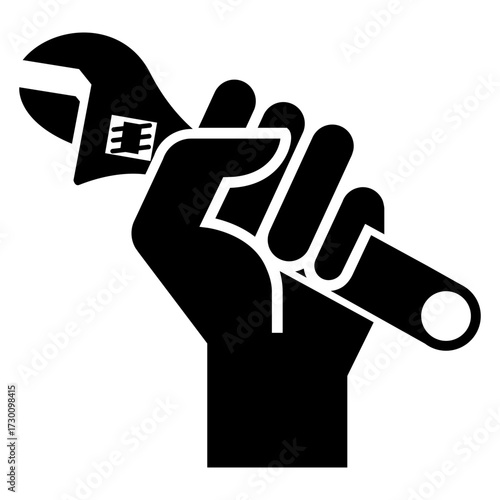 Logo men at work. Icono con silueta de mano con llave inglesa