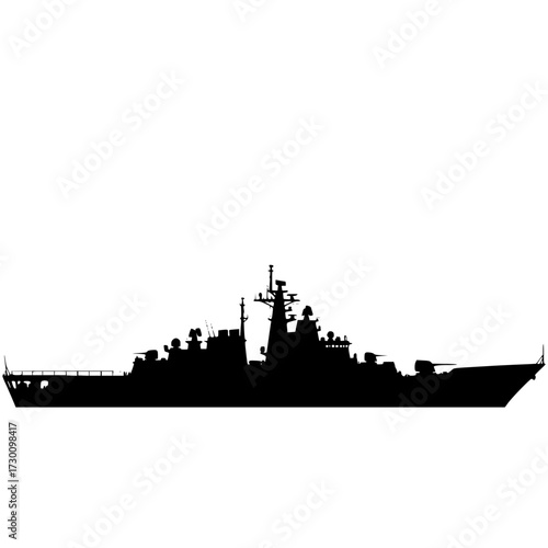 Vector art of silhouette of a warship a detailed black and white image of a naval vessel, showcasing its design and structure in sharp contrast