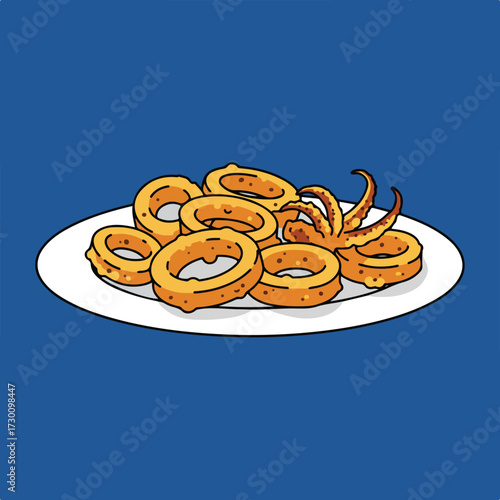 Fried calamari served on a white plate, illustration
