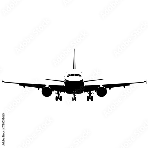 Vector art of front view of a commercial airplane, showcasing its aerodynamic design, powerful engines, and sturdy landing gear, ready for takeoff or landing