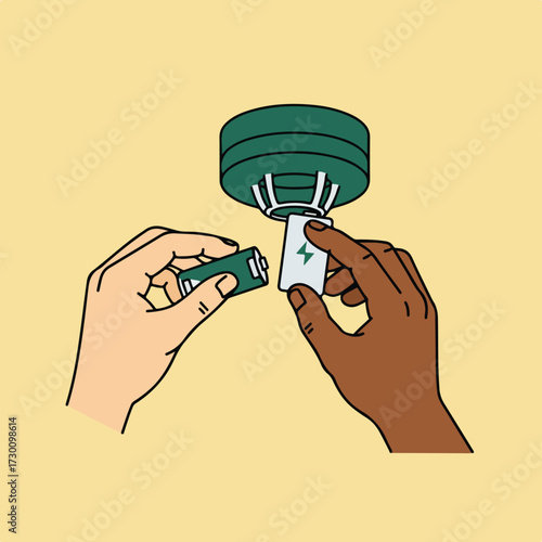 Two hands changing the battery in a smoke detector