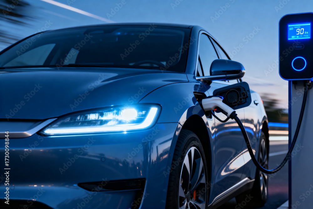 Naklejka premium Electric vehicle front with charging gun inserted, blue-lit display showing real-time charging status, symbolizing sustainable transport, EV technology, and clean energy infrastructure.Generated by AI