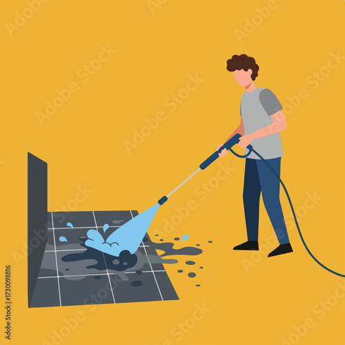 Person cleaning dirty tiles with pressure washer