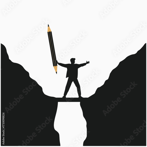 The Power of Creativity Bridging the Gap with a Person Holding a Giant Pencil Vector.