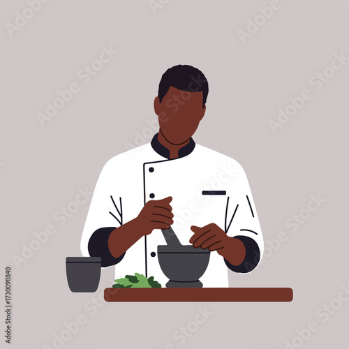 Chef grinds spices using mortar/pestle, minimalist illustration
